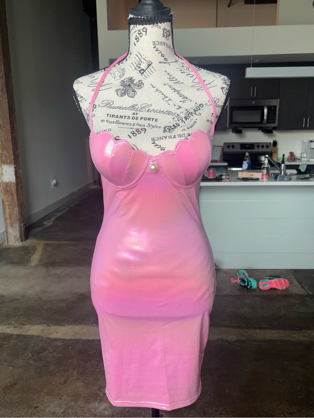 Pink Vinyl Halter Bodycon Dress - Picture 6 of 6